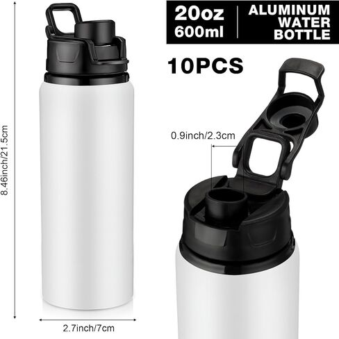 10 قطع من زجاجات المياه الفارغة المصنوعة من الألومنيوم من هانيداك، زجاجات رياضية معدنية بيضاء، زجاجات رياضية كبيرة قابلة لإعادة الاستخدام ومضادة للتسرب، نحيفة ومستقيمة بالضغط الحراري، مع مقبض لمستلزمات السفر (25 أونصة) in Kuwait