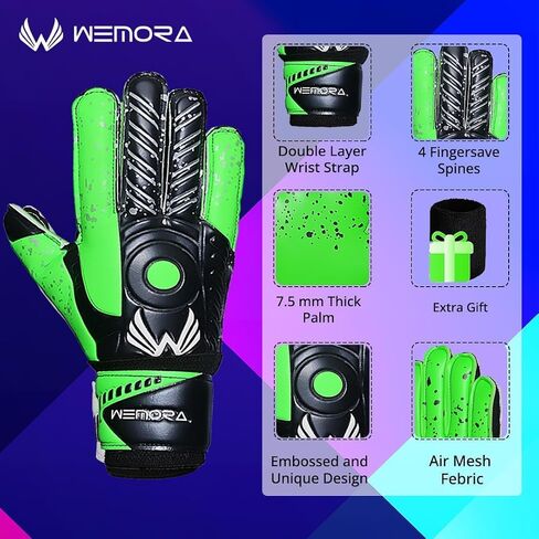 قفازات WEMORA لحارس المرمى لكرة القدم للأطفال والشباب والكبار مع 7.5 مم من اللاتكس بأشواك إصبع مرنة وقبضة قوية قفازات حارس المرمى in Saudi Arabia