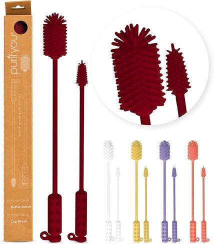 purifyou Platinum Silicone Water Bottle Cleaner Brush, Extra Long Handle 16 inch, with Cap Brush for Tumblers, Drinking Glasses, Vase - Perfect for Narrow Skinny Neck Containers (Red) in Saudi Arabia