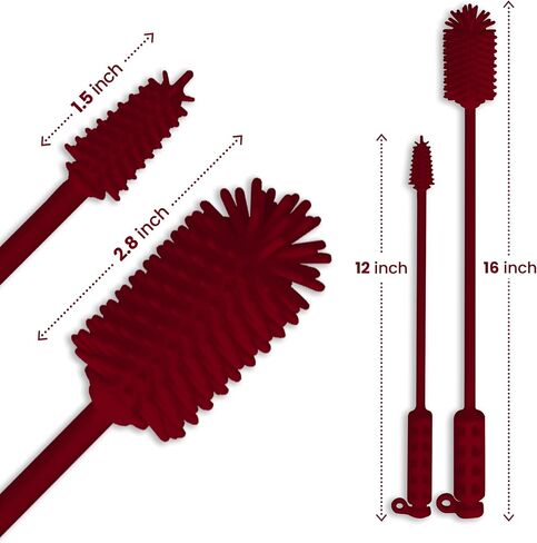 purifyou Platinum Silicone Water Bottle Cleaner Brush, Extra Long Handle 16 inch, with Cap Brush for Tumblers, Drinking Glasses, Vase - Perfect for Narrow Skinny Neck Containers (Red) in Saudi Arabia