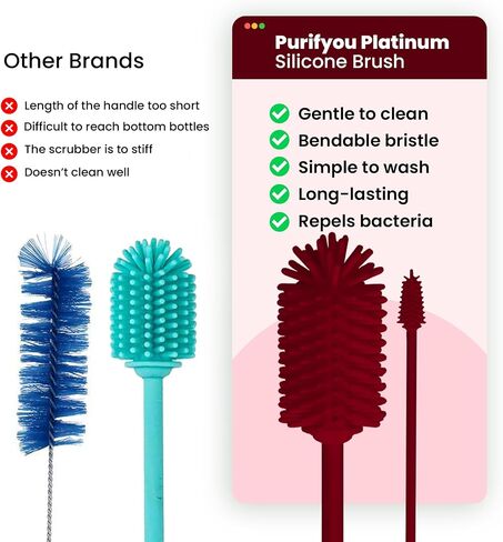 purifyou Platinum Silicone Water Bottle Cleaner Brush, Extra Long Handle 16 inch, with Cap Brush for Tumblers, Drinking Glasses, Vase - Perfect for Narrow Skinny Neck Containers (Red) in Saudi Arabia
