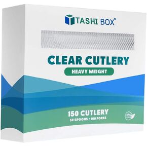 TashiBox Heavyweight clear plastic cutlery (100 Forks + 50 Spoons)