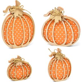 4 Thanksgiving Pumpkin Wooden Table Decorations Centerpiece Block Harvest Orange & White Dots Double Layered Pumpkins Tiered Tray Tabletop Sign Decor for Dining Room Mantle Home Fall Party Supplies