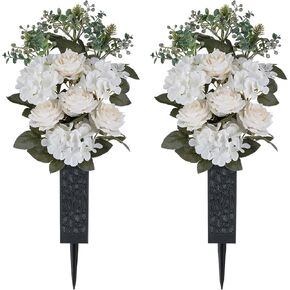 Cemetery Flowers for Grave Decorations: 2 Pcs White Artificial Rose Hydrangea Memorial Day Flower Arrangements Silk Funeral Floral Bouquet with Vase for Outdoors Gravessite Decor