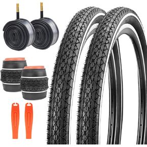 2 Pack 20"/24"/26" x 2.125" Folding Replacement Bike Tires for Beach Cruiser Bike，Bicycle Tires for Commuter Bikes，White Wall，Non-Slip，White Wall，2Tires & 2 Tubes & 2 Levers