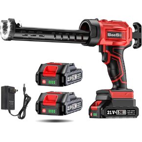 Seesii Cordless Caulking Gun[2024 Upgraded], 21V Battery Powered Caulk Gun w/2 x 2.0AH Batteries, Electric Caulking Gun w/LED Light, 4 Speeds, Auto Retract, Adhesive Gun Kit for Filling, Sealing
