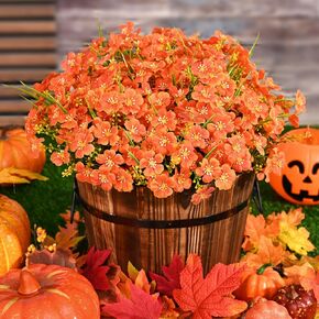 Fake Mums, Fall Decor, Fall Flowers, 12 Bundles Faux Mums for Outside, UV Resistant Artificial Mums for Outdoors, Fall Flowers Plants Artificial for Decoration For Home Porch Thanksgiving(Orange Red)