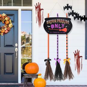 Halloween Decorations, 47"Broom Parking Sign with 3 Wooden Witches Brooms, Halloween Porch Decoration, Halloween Decor Hocus Pocus Decoration for Indoor and Outdoor Wall Decor