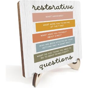 Inspirational Office Decor Rustic Restorative Justice Questions Wooden Desk Decor for Therapist Coworker Counselor School Psychologist Social Worker Teacher Table Tiered Tray Plaque with Wood Stand