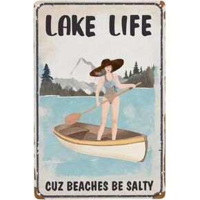 Vintage Lake Beach House Decor Lake Life Cuz Beaches Be Salty Tin Signs Gifts For Lakehouse Home Outdoor 12x8 Inches, Blue
