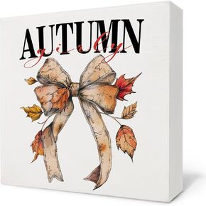 Autumn Bow Wooden Box Sign,Autumn Fall Wood Block Plaque Box Sign,Autumn Girly Wooden Sign,Orange Bow Wooden Box Sign,Bow Decor For Home Tabletop Desk 5x5 Inches