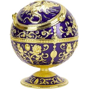 Windproof Large Ashtray with Flip Lid for Cigarettes, Portable Metal Dragon Print Home Decorative Ashtray for Patio Indoor Outdoor, Cone Incense Burner, Blue Gold