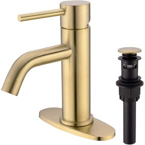 TRUSTMI Brass Single Lever Single Hole Bathroom Basin Sink Faucet with Pop Up Drain Assembly and 6-Inch Hole Cover Deck Plate,Brushed Gold