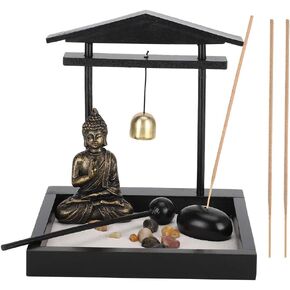 Zen Garden Set Buddha Statue, Desktop Zen Garden Kit with Incense Stick Holder Mallet Rocks for Yoga Meditaion Office Zen Decor(1906)