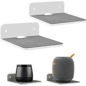 Wall Shelf Speaker Stand, Acrylic Floating Wall Shelves Easily Expand Wall Space Small Display Shelf for Webcam,Speaker,Cell Phone,Mesh Router,Action Figures Cable Clips (White (2 Pack))