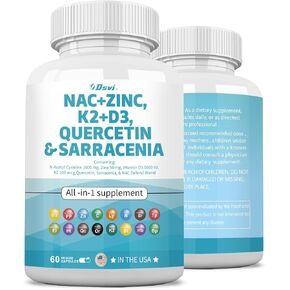 NAC Supplement N-Acetyl Cysteine 1000mg Vitamin D3 K2 Zinc Quercetin 1000mg Sarracenia Purpurea 1000mg with Elderberry Holy Basil Bee Propolis Bromelain L-Lysine for Men and Women,60 Count