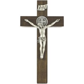 Walnut Wood Crucifix with Two Sided Pewter Saint Benedict Medal and Corpus, 12 Inch