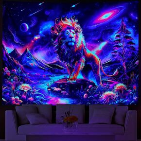 Blacklight Lion Tapestry Trippy Galaxy Space Tapestry UV Reactive Mountain Tapestry Hippie Neon Flowers Plants Wall Tapestry Magic River Landscape Wall Hanging for Living Room