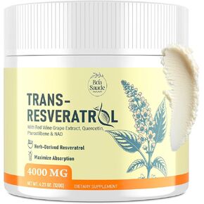 Trans-Resveratrol Powder Supplement 4000mg with Red Wine Extract, Quercetin,Pterostilbene & NAD, 4.23 Oz 30 Day Supply