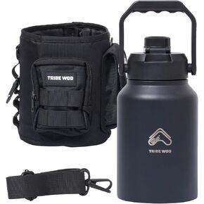 Tribe WOD Tactical Water Bottle - 64 oz Water Bottle with Sleeve - Stainless Steel Water Jug Container - Double-Wall Insulated Water with Rugged - Removable Sleeve for Keys, Wallet, Phone - Black