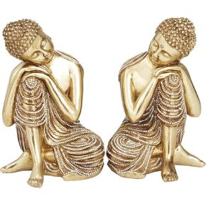 Deco 79 Polystone Buddha Decorative Sculpture Meditating Home Decor Statues with Engraved Carvings and Relief Detailing, Set of 2 Accent Figurines 5"W, 7"H, Gold