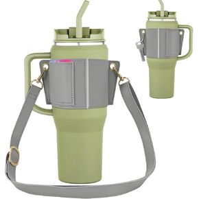 Stanley Cup Holder with Strap,Leather Carrier Strap for 40 oz 30 oz Stanley Cup Accessories, Credit Card Holder Keying(Black)