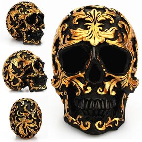 VORCOOL Resin Skull Figurine, Decorative Skull Sculpture Statue for Home Halloween Decoration Ornament (Black and Golden Carving)