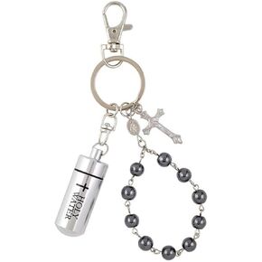 Holy Water Keychain with 1 Decade Black Hematite Bead Rosary with Miraculous Medal and Crucifix, 4 1/2 Inches