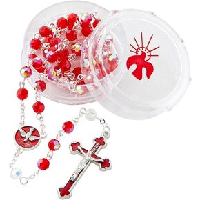 Red Confirmation Rosary with Case, Catholic Prayer Beads, Religious Gifts for Girls, 19 Inches with 1.5 Inch Crucifix