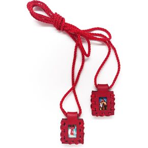 Sacred Catholic Mini Scapular Red Leather Handmade of Sacred Heart of Jesus, Sacred Virgin of Carmen, Sacred Virgin of Guadalupe and St. Michael Archangel. 1.3cm x 1.5cm by Zaraleas