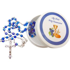Westmon Works Boys First Communion Rosary Set Blue Glass Beads in a Protective Case with Matching Holy Prayer Card