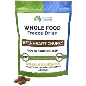 Grassland Nutrition Organic Heart Freeze Dried Chunks — High in Q10, Vitamin B2, B6, and B12 for Energy (120g)