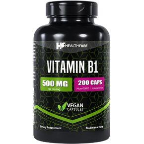 Vitamin B1 500mg | 200 Capsules | Thiamine Supplement | Supports Overall Health | Non-GMO | Gluten Free (200 Capsules)
