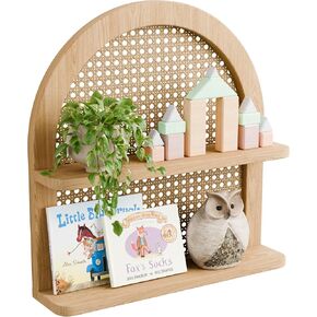 Rattan Wall Shelf Boho Nursery Decor, 2-Tier Arched Woven Natural Wood Wicker Wall Shelf, 16''L Neutral Handcrafted Rattan Nursery Shelf, Decorative Shelf for Living Room,Bedroom & Bathroom