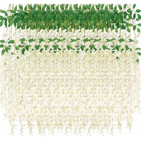 Ranslen 48 Pieces Artificial Wisteria Flower Hanging Silk Garland Vine Ratta Wedding Decor String Home Party Garden Outdoor Decoration Supplies (White, 48)