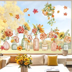 wondever Fall Flowers Window Clings Floral in Jars Flower Vase Maple Leaves Glass Sticker Decal Anti Collision Double-Side Static Window Decals for Autumn Home Glass Window