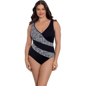 Longitude Women's Swimwear Madison Square Faux Surplice Tank Soft Cup One Piece Swimsuit, Black/White, 16
