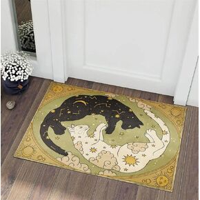 Estmy Washable Mystical Cat Rug, Vintage Retro Abstract Celestial Zodiac 5ft Around Area Rugs for Bedroom Living Room Dorm Entryway Kitchen, Thin Pile Bohemian Cute Animal Circle Rug Floor Carpet
