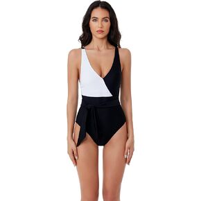 Women's Standard Megan One Piece Swimsuit, V-Neck, Wraparound Waist Tie, Bathing Suits