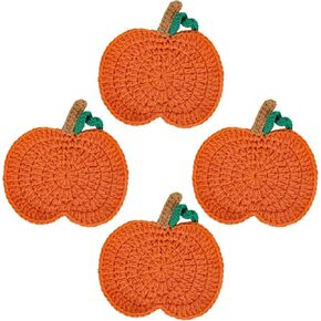 Whaline 4 Pack Fall Pumpkin Coaster Handmade Crochet Drink Coaster Woven Pumpkin Cup Mat Pad for Autumn Harvest Thanksgiving Halloween Home Kitchen Office Housewarming Party Table Decoration