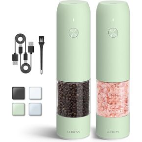 Ultrean Electric Salt and Pepper Grinder Sets, USB Rechargeable Automatic Salt Pepper Mill Grinder with 6 Adjustable Coarseness, LED Light, One-Hand Operation for Kitchen, Restaurant, BBQ (Black)
