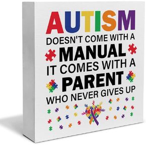 Autism Parent Gift Decorative Wooden Box Sign Autism Doesn't Come with a Manual Wood Block Plaque Decor Home Shelf or Wall Display