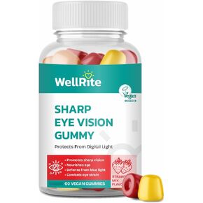 Sharp Eye Vision Gummy Vitamins, 60 Count, Strawberry Mix Flavored, Vegan, Gelatin Free, Gluten Free, Nut Free, Promotes Sharp Vision, Defense from Blue/Digital Light, Combats Eye Strain