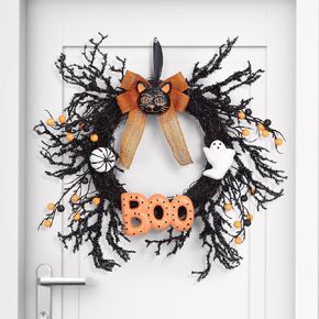 18" Artificial Halloween Wreath, Black Cat Wreath with White Ghost, Pumpkin and Boo, Halloween Wreath for Front Door Wall Window Porch, Black Halloween Decorations in Saudi Arabia