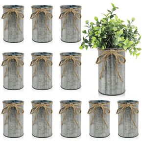 12 Pcs 4.3x2.6 Inch Farmhouse Vase with Twine Bow, Premium Vintage Flower Vase Decor, Galvanized Metal Flower Vases Rustic Vase for Table Centerpiece Weddings Home Decoration (Gray)
