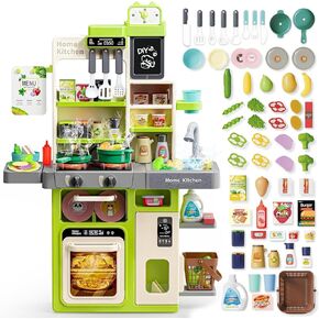 Kids Kitchen Playset, Pretend Kitchen Toys for Toddlers with 63 Pcs Toy Kitchen Accessories, Realistic Lights & Sounds, Spray, Play Sink, and Play Food - Kitchen Set for Girls Boys Aged 3 4 5+ (Green)