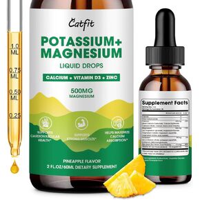 Potassium Magnesium Supplement,Magnesium Glycinate Liquid Drop with Calcium Vitamin D3 Zinc,Sugar Free&Vegan Liquid Drops Supplement for Calm Sleep Leg Cramps Muscles Energy,Pineapple Flavor,2 Fl Oz