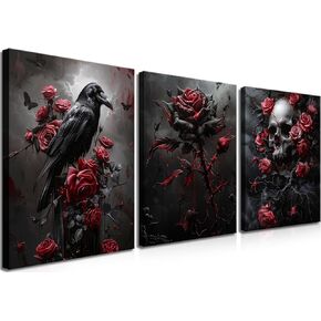 Gothic Canvas Wall Art Set of 3, Romantic Rose Halloween Wall Decor Paintings, Dark Goth Crow Skull Posrts Prints for bathroom Living Room Gallery Home Decor 12x16In Framed