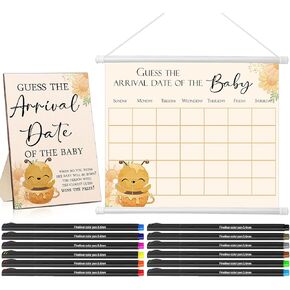 Sintuff Guess the Due Date for Baby Calendar Include Guess the Arrival Date of the Baby Wooden Sign Baby Shower Game Sign Baby Predictions Sign Baby Calendar with 12 Pcs Colored Pens for Baby Shower