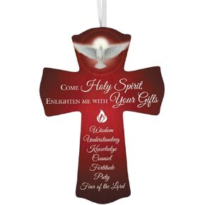 Confirmation Gift Come Holy Spirit Wooden Cross with White Ribbon Hanger, 6 Inch